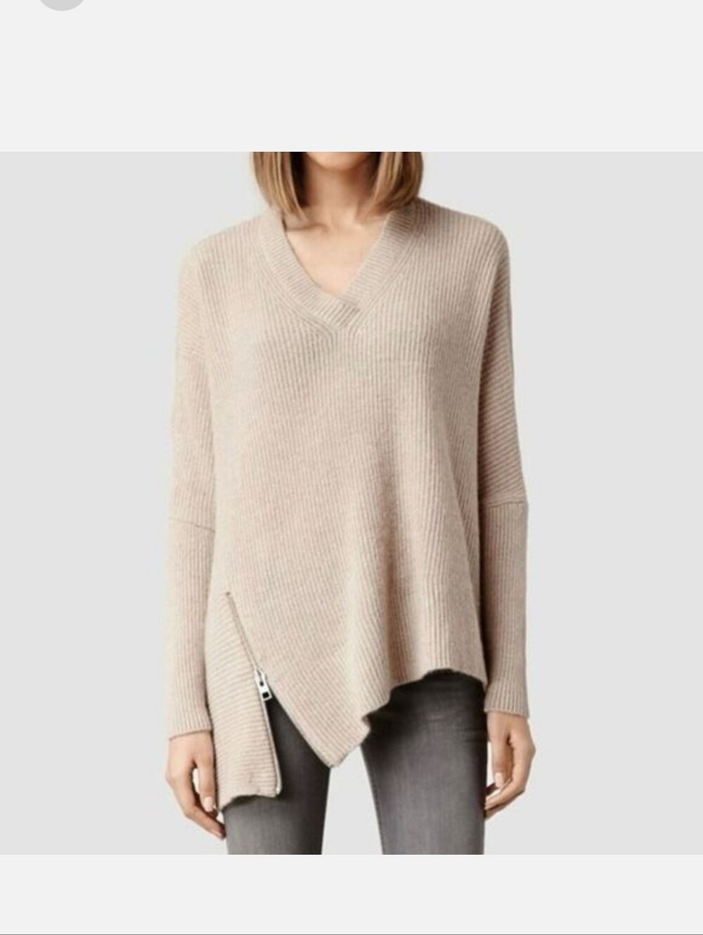AllSaints Able Zip Jumper Beige Wool Alpaca Asymmetrical V-Neck small Sweater